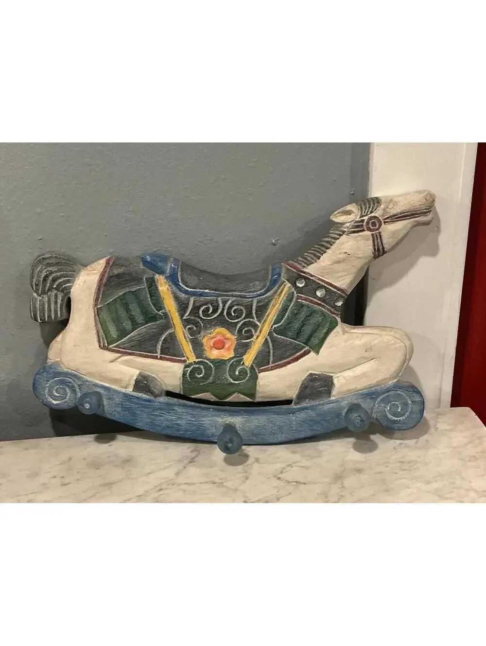 Vintage Hand-Painted Wooden Rocking Horse Wall Hooks Nursery Decor